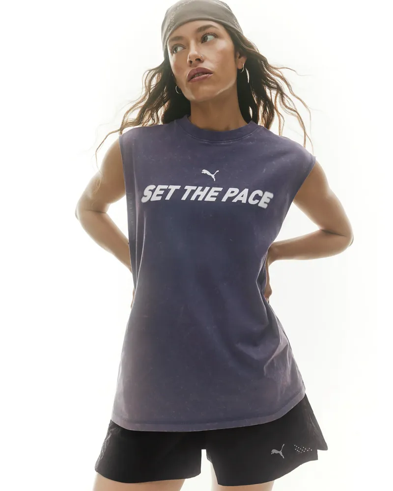 Puma T-shirt senza maniche e grafica Run Culture Collective dal taglio morbido da donna, Abbigliamento, Grigio Gray