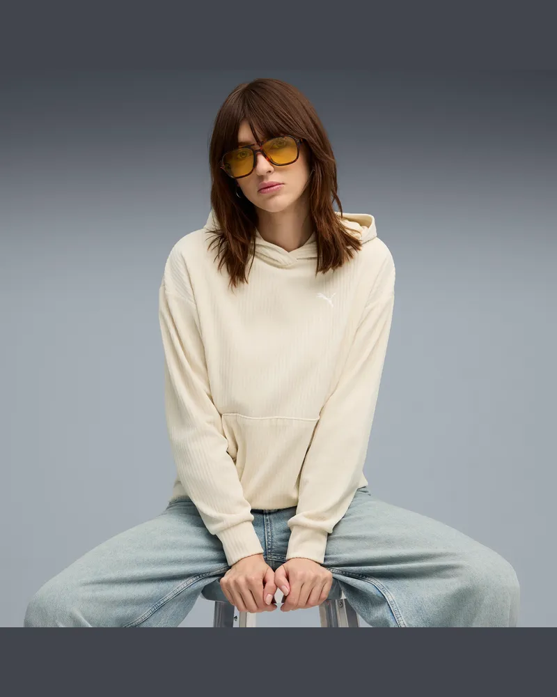 Puma Felpa con cappuccio a coste Essentials Elevated da donna, Abbigliamento, Bianco White