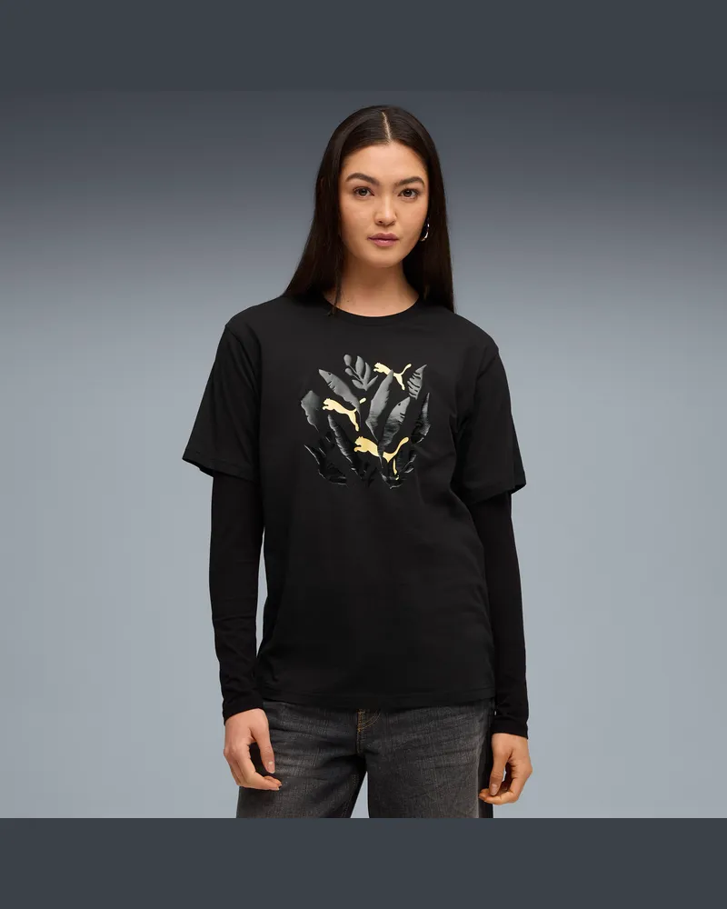 Puma T-shirt con grafica fogliame dal taglio morbido da donna, Abbigliamento, Nero Black