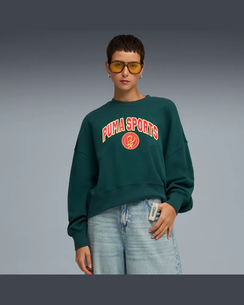 Puma Felpa girocollo oversize con grafica Wardrobe Essentials Sports Legacy da donna, Abbigliamento, Verde Green