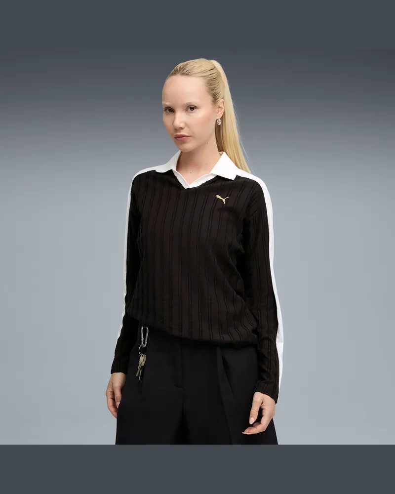 Puma Polo a maniche lunghe T7 dal taglio morbido da donna, Abbigliamento, Nero Black