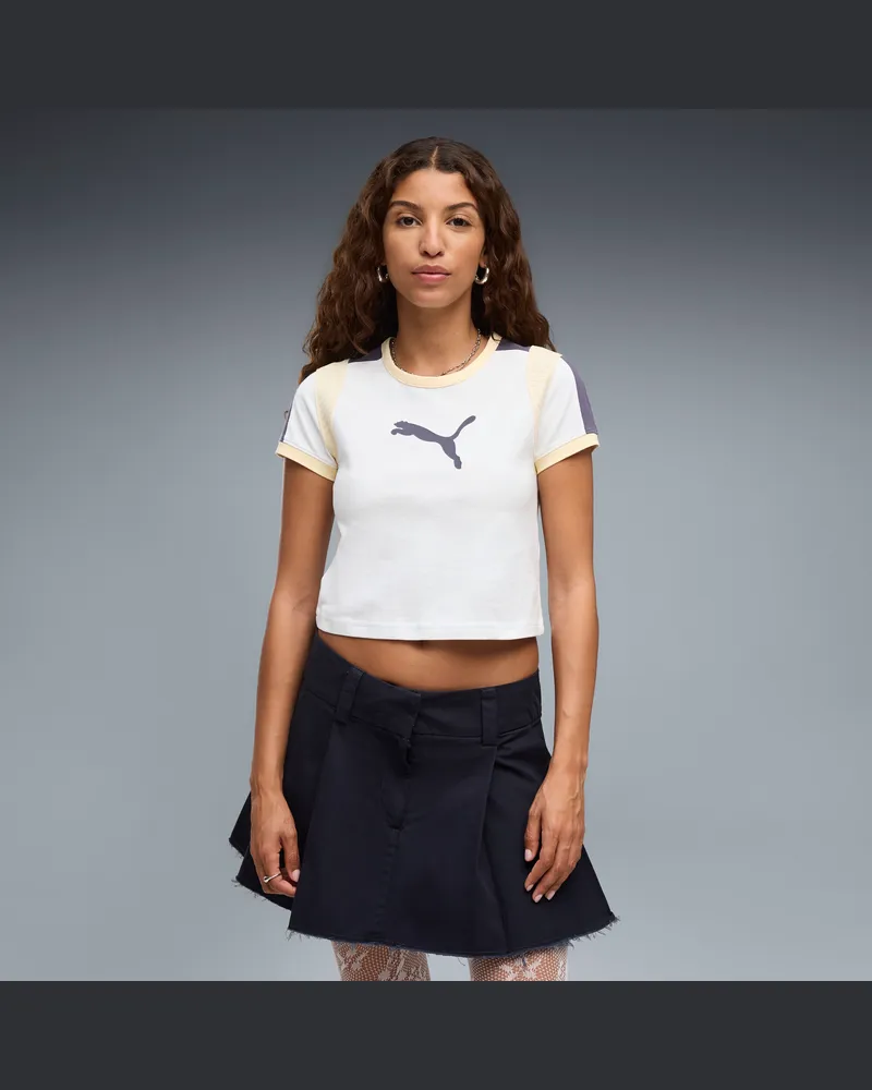 Puma T-shirt aderente da donna con collo a costine e stampa grafica, Abbigliamento, Bianco White