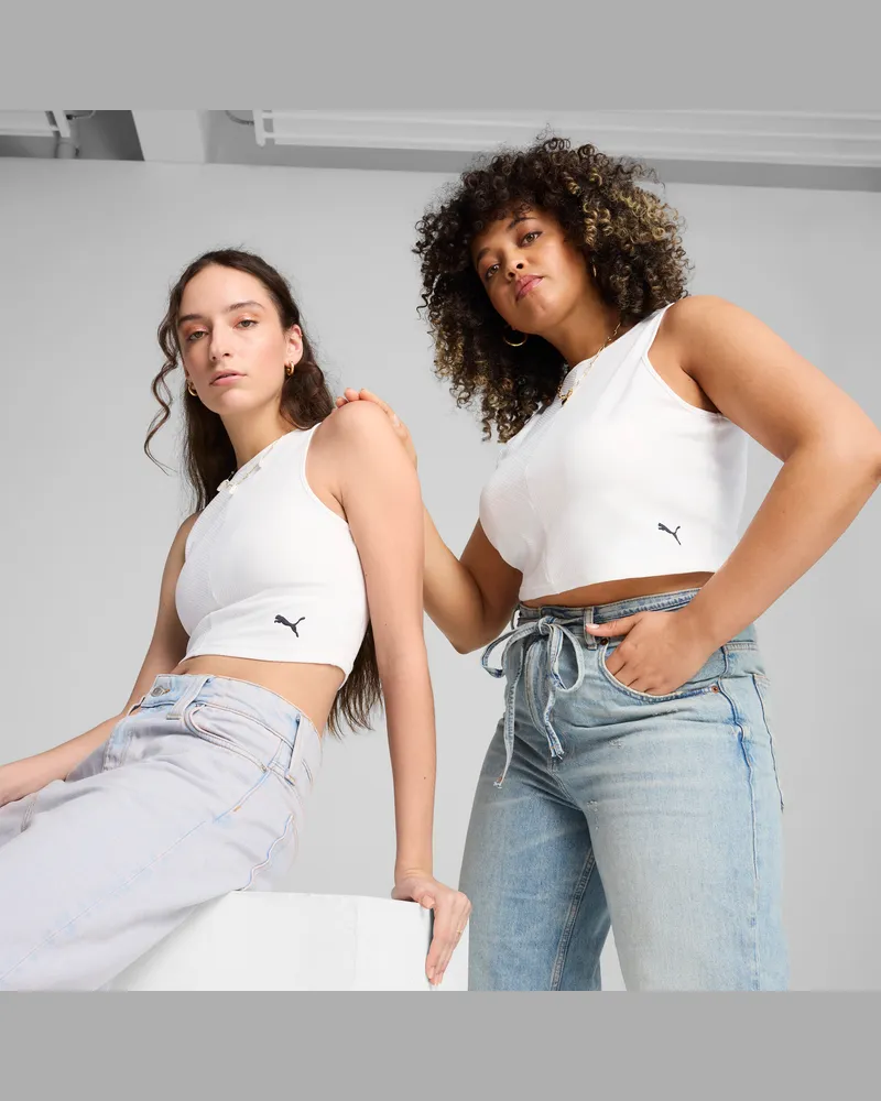 Puma Top cropped a coste WARDROBE ESS da donna, Abbigliamento, Bianco White