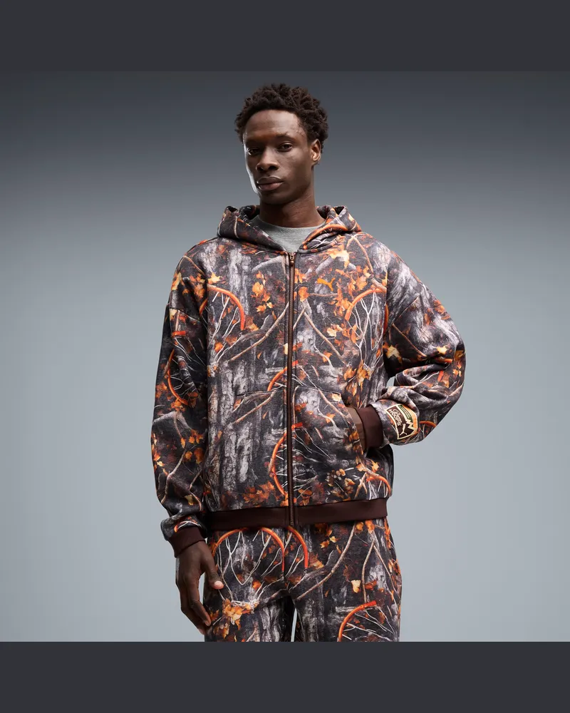 Puma Felpa da basket da uomo con cappuccio, taglio ampio, stampa Dylan Wildcat e zip integrale, Accessori, Marrone Brown