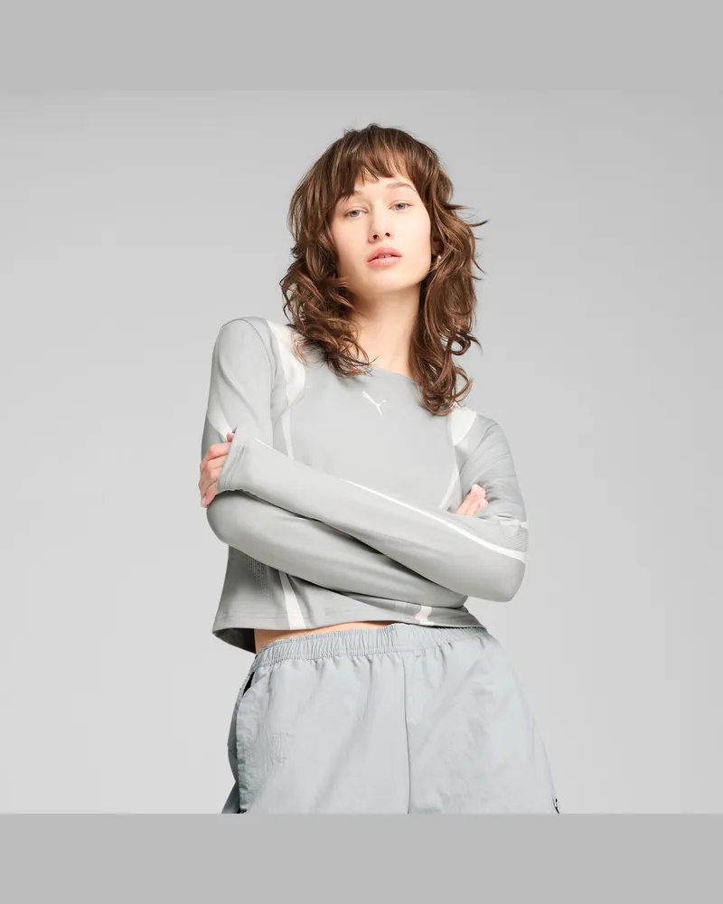 Puma T-shirt grafica a maniche lunghe DARE TO da donna, Abbigliamento, Grigio Gray