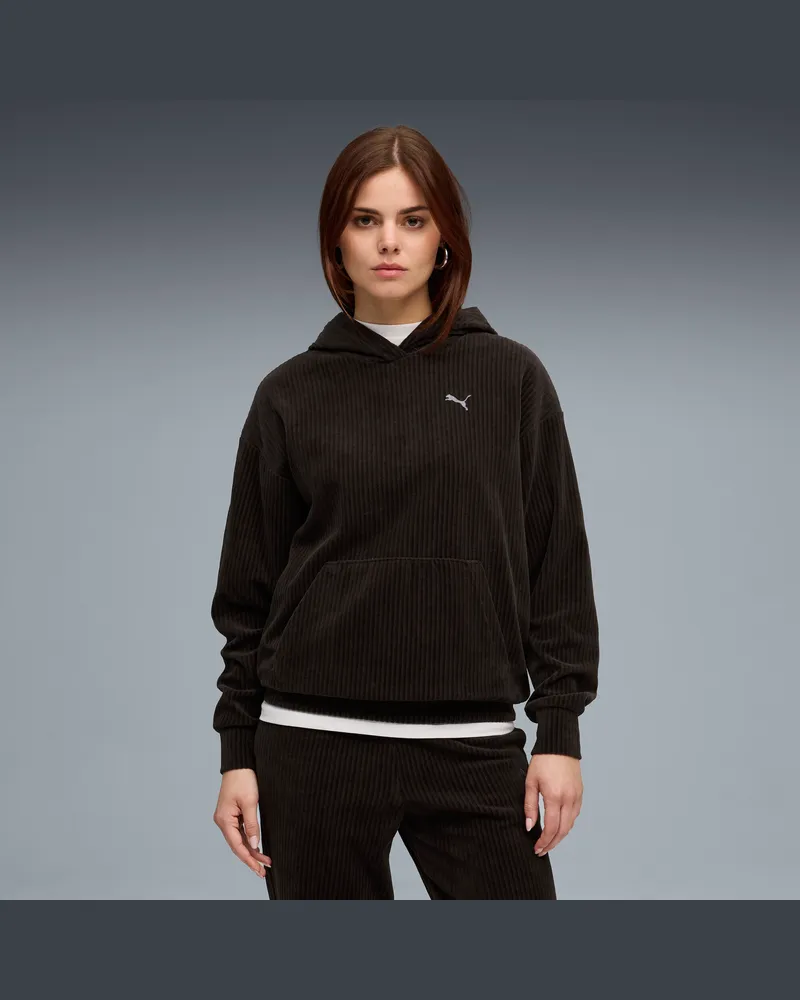 Puma Felpa con cappuccio a coste Essentials Elevated da donna, Abbigliamento, Nero Black