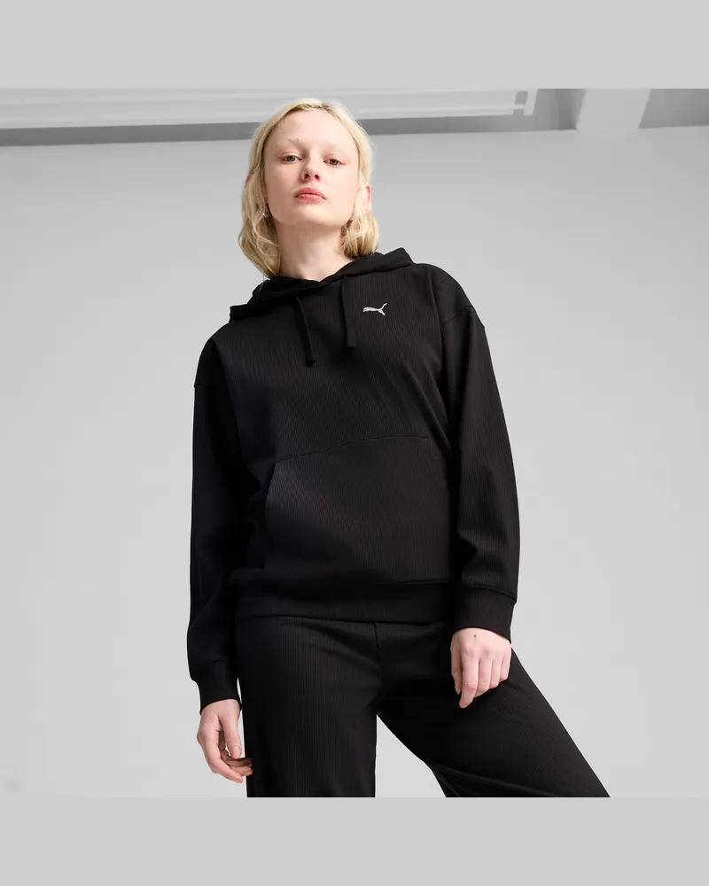Puma Felpa con cappuccio a coste ESS ELEVATED vestibilità comoda da donna, Abbigliamento, Nero Black