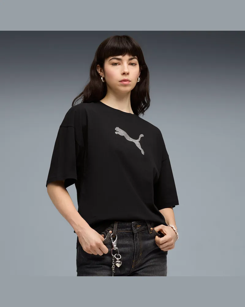 Puma T-shirt oversize con grafica Essentials Bedazzled da donna, Abbigliamento, Nero Black
