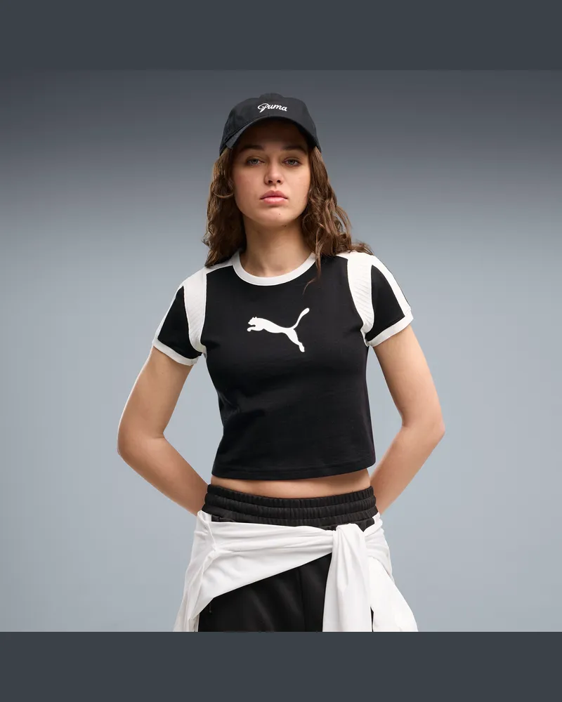 Puma T-shirt aderente da donna con collo a costine e stampa grafica, Abbigliamento, Nero Black