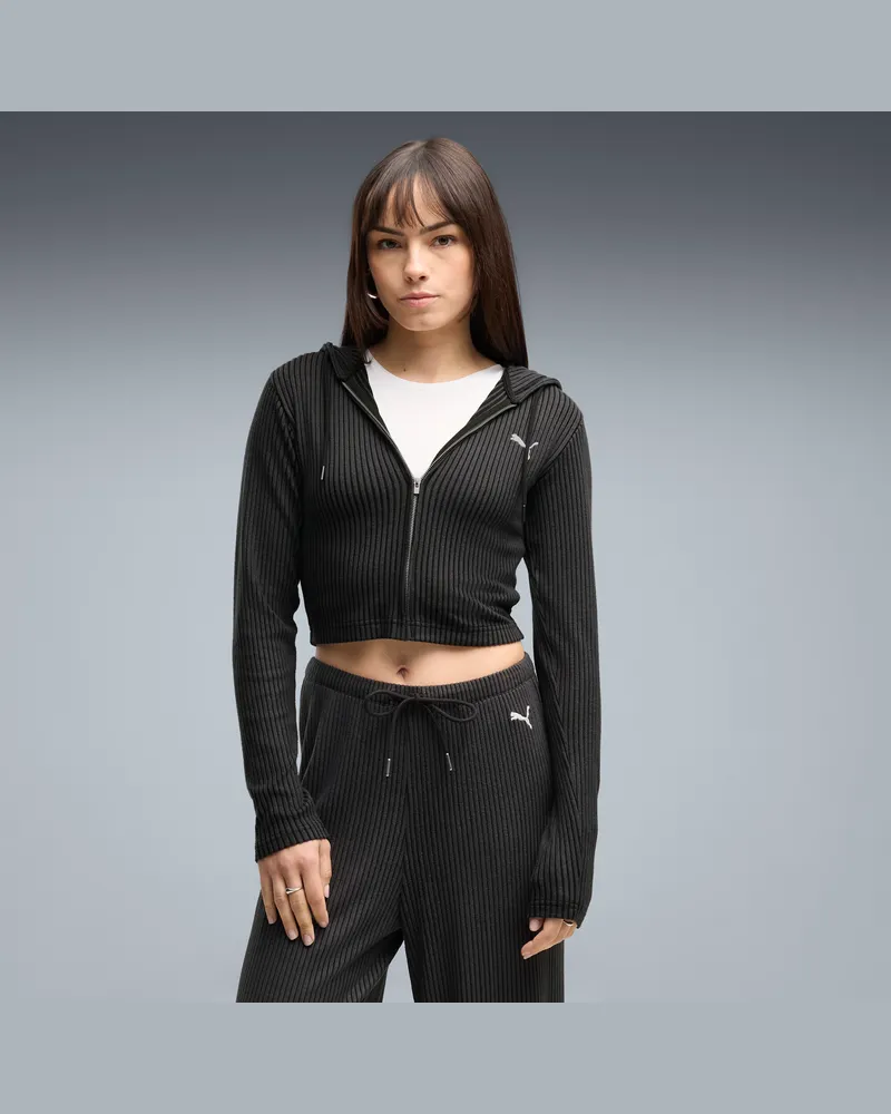 Puma Felpa con cappuccio slim a coste con zip Essentials da donna, Abbigliamento, Nero Black