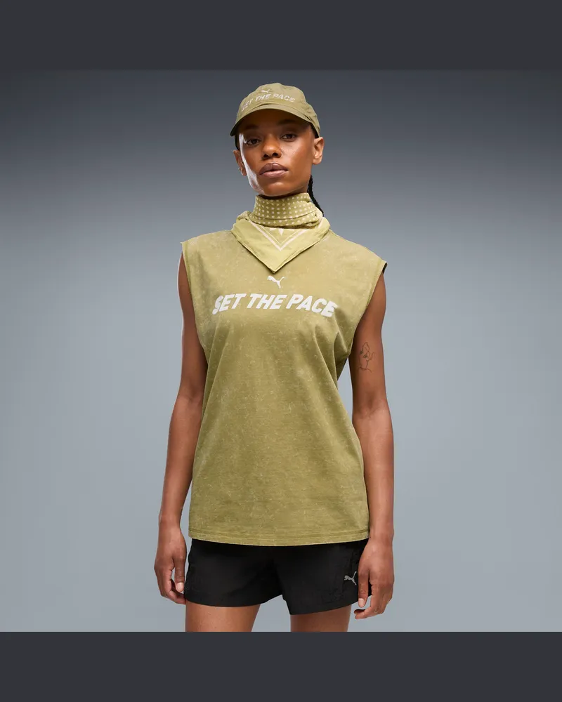 Puma T-shirt senza maniche e grafica Run Culture Collective dal taglio morbido da donna, Abbigliamento, Marrone Brown