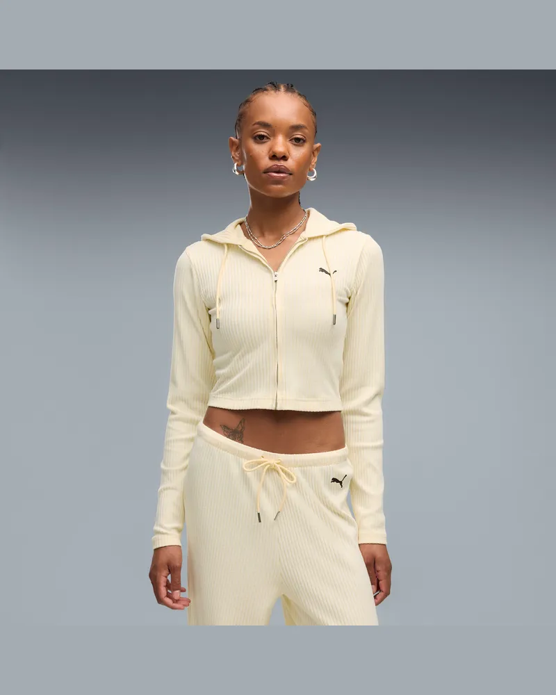 Puma Felpa con cappuccio slim a coste con zip Essentials da donna, Abbigliamento, Giallo Yellow