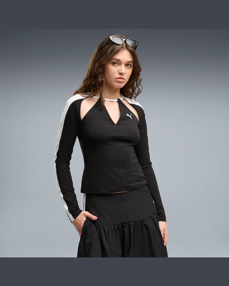Puma T-shirt a maniche lunghe e cut-outs T7 da donna, Abbigliamento, Nero Black
