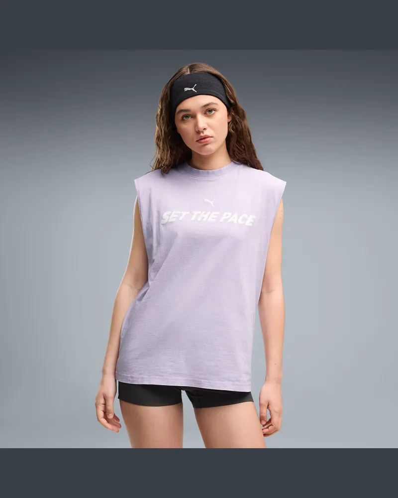 Puma T-shirt senza maniche e grafica Run Culture Collective dal taglio morbido da donna, Abbigliamento, Viola Purple