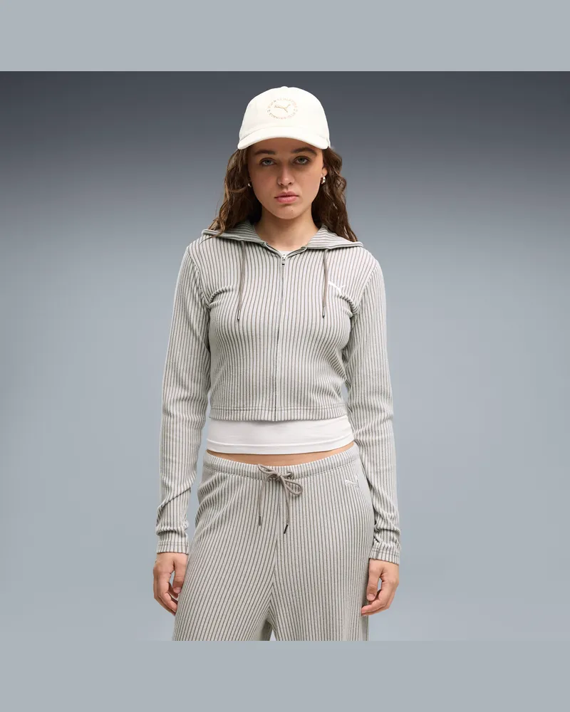 Puma Felpa con cappuccio slim a coste con zip Essentials da donna, Abbigliamento, Beige Beige